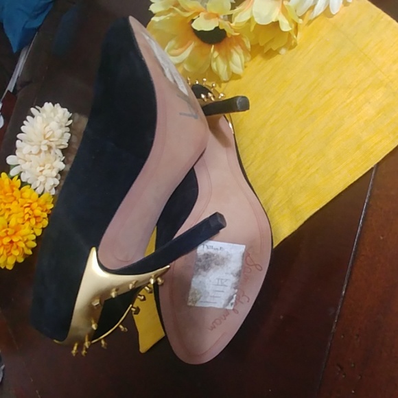 Sam Edelman Evan Spike Gold Black Leather Heel - Picture 5 of 5